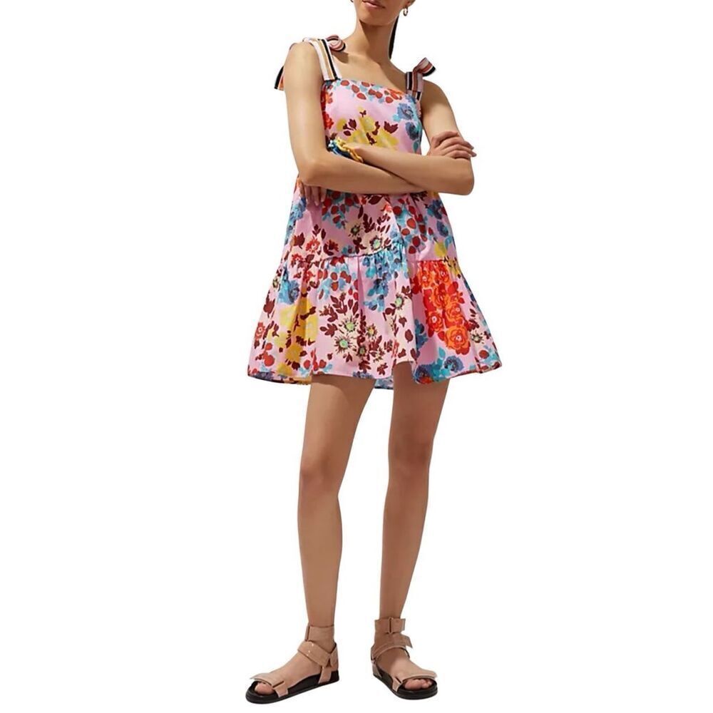 Peter Som Anthropologie Pink Red Floral Tie Strap Tiered Mini Dress Size XS
